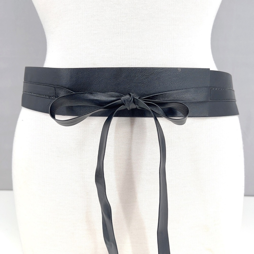 Women's Obi Belt Black Faux Leather Wrap Tie Front Wide One Size